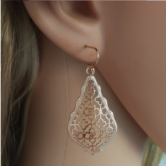 NEW Rose Gold Colored Filigree Drop Dangle Fish Hook Earrings - Picture 6 of 15
